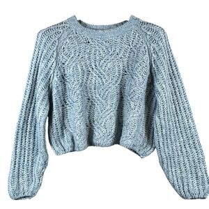 Kimchi Blue Womens XS Cropped Cable Knit Sweater Light Blue Chunky Boho Cozy